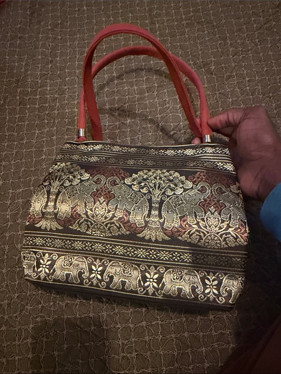 Handmade Handbags - Gold & Red Embroidered Shoulder Bag with Coral Handles